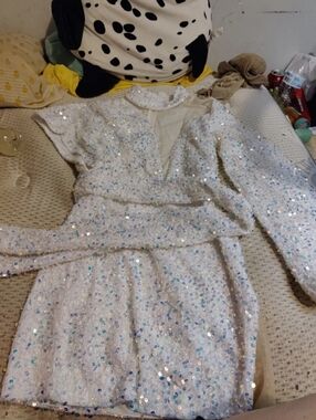 Miss Ord Short White Sequin Dress Size M With Different Sleeve Length